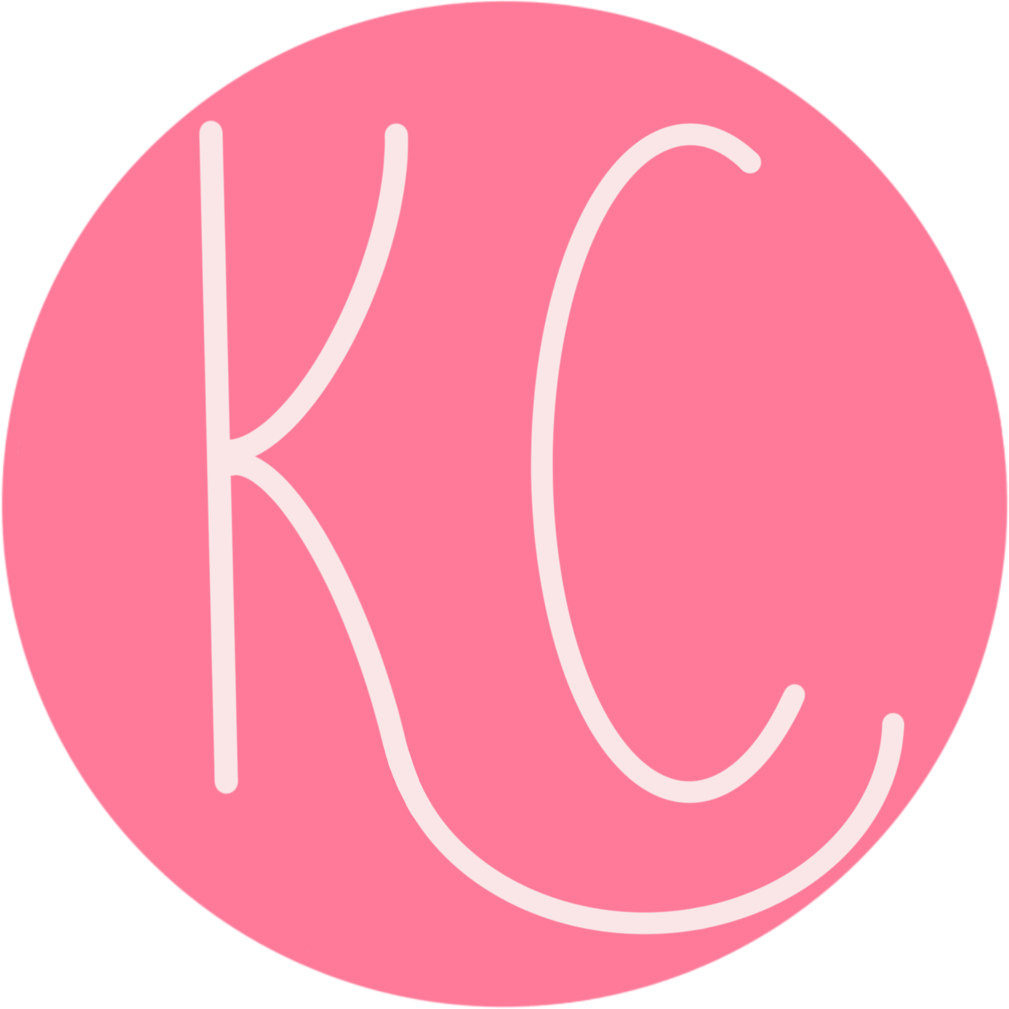 Pink circle with the light pink initials KC center.